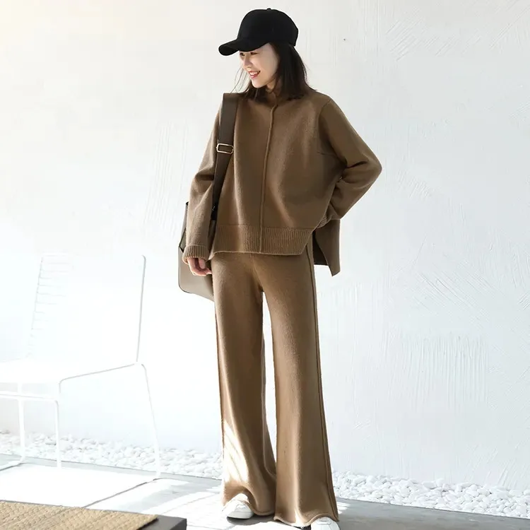 XXOWENLI Knitted Two Piece Set Winter Fashion Long-sleeved Casual Knitted Top+long Pants Sets Vintage Stylish Split Sweater Suit