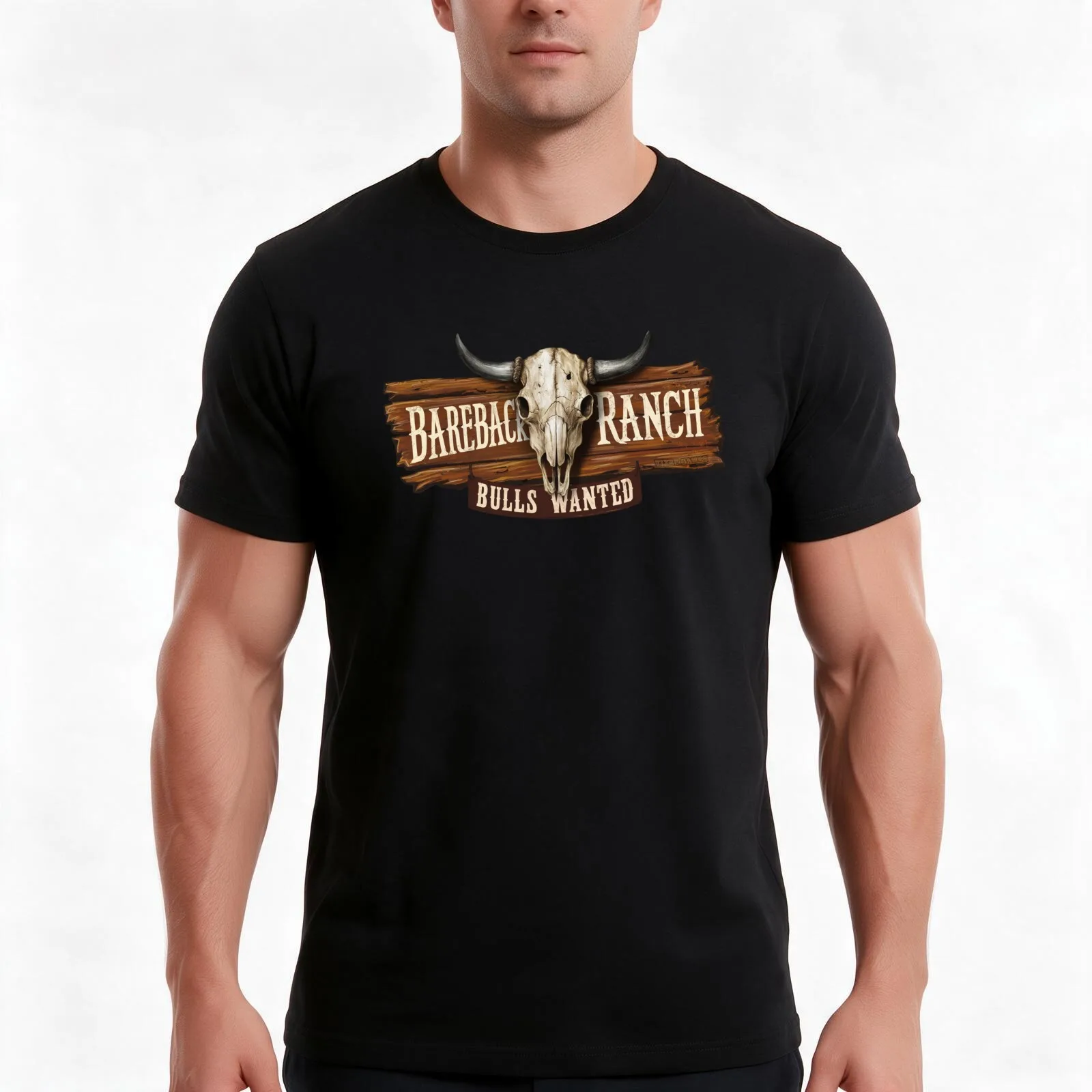 Bareback Ranch Bulls Wanted Western Vibe Shirt Design T-Shirt, Funny Graphic Print Tee, Unisex Cotton Casual Short Sleeve Top