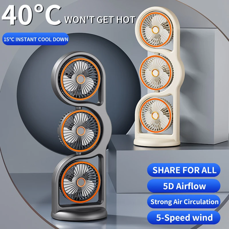 Portable USB Rechargeable 3-Head Desktop Fan, 360° Rotation Circulating Fan 5 Speed Wind for Dormitory Outdoor image 2