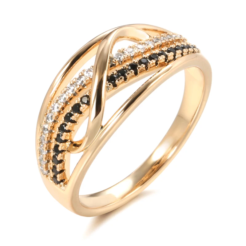 Kinel New Ring 585 Rose Gold With Black Natural Zircon Fashion Waves Rings for Women High Quality Daily Fine Vintage Jewelry