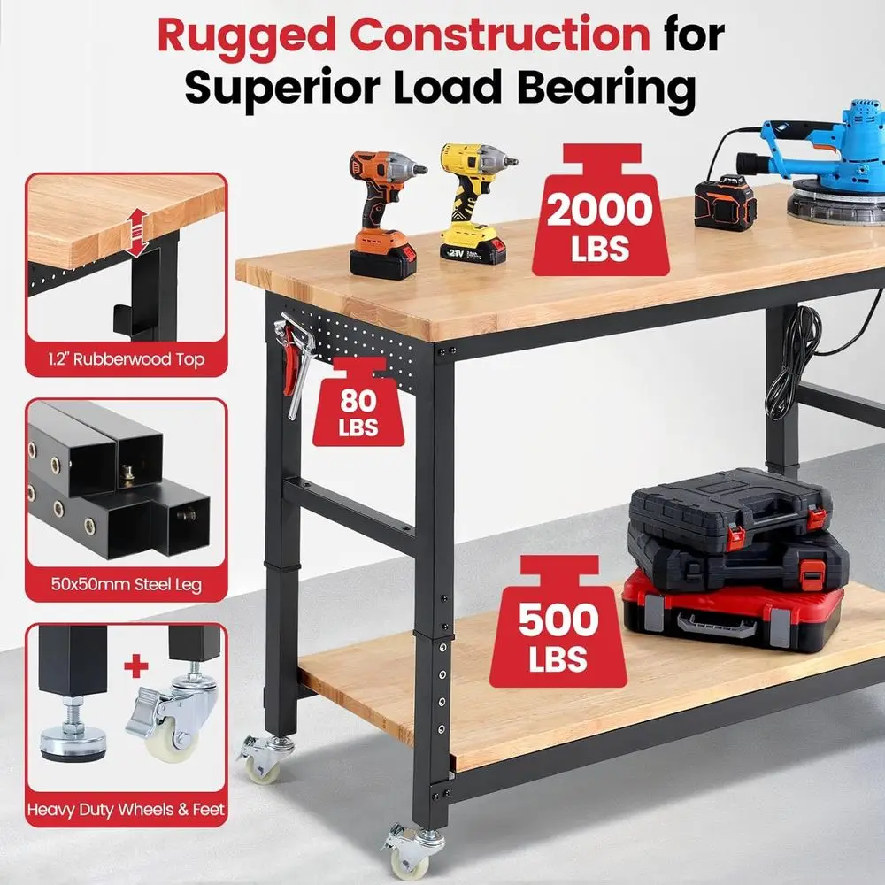Work Bench or Garage Adjustable Workbenches with Storage 60 Inch Garage Workbench with Under Table Shel, Pegboard, Power Outlets