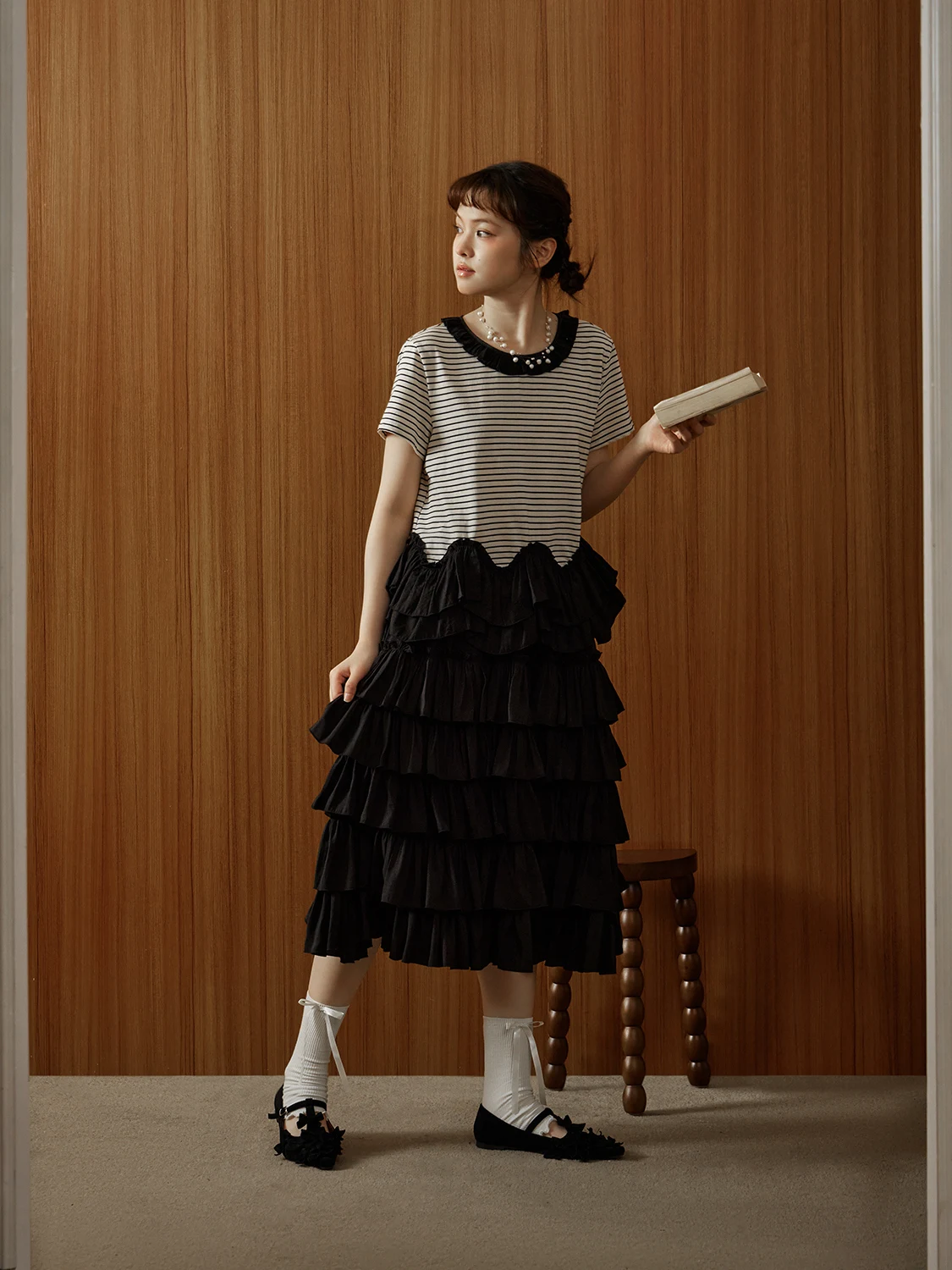 

Mani Vintage Bla White Stripes Magic Moonlight Gauze Loose ort Sve Irregular Hem irt Original Design Cotton Blend