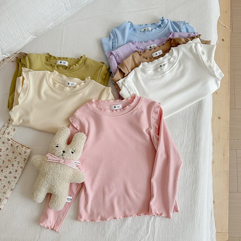 

Children Girl Autumn Undershirt Cotton Ruched Solid Long Sleeve Toddler Girl Top Korea Versatile Infant Baby Girl Stretch Shirts