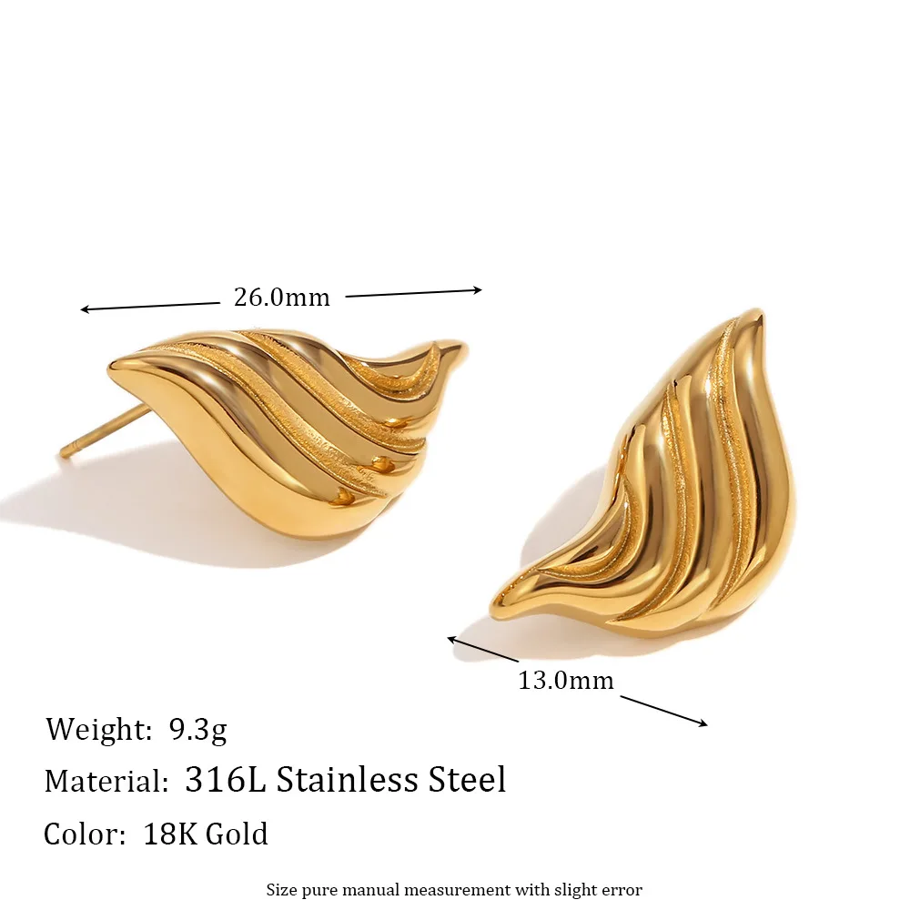 Engraved Water Wave Stud Earrings For Women Gold Plated Stainless Steel Jewelry