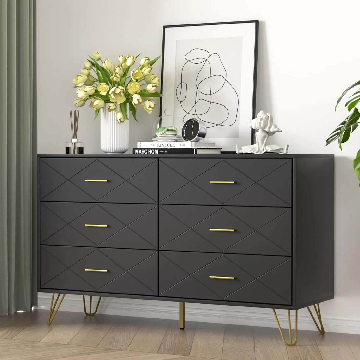 

Bla Dresser For Bedroom, Modern Bedroom Dresser With 6 Deep Drawers, Wide Chest Of Drawers With Gold Handles For Living Room