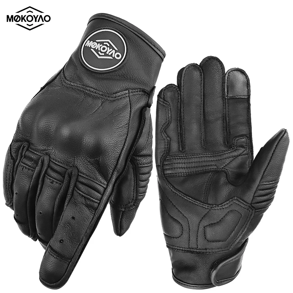 

2025 Фирменные новые мотоциклетные перчатки, черные ретро-черные перчатки из натуральной кожи для кафе Racer, мотоциклетные перчатки с сенсорным экраном, байкерские перчатки для скутера