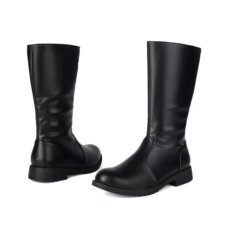 Men's Knight Boot with Belt Buckle High Top Autumn Winter Fashion Casual round Toe Anti-Slip Rubber Outsole Leather Lined