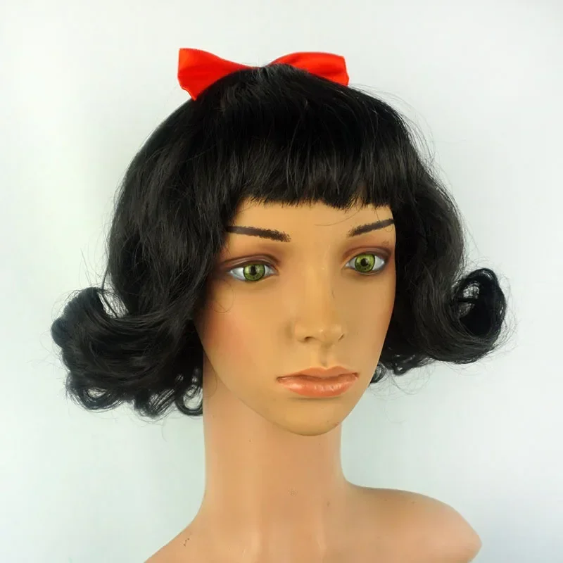 Volwassen Vrouwen Korte Bob Wave Black Cosplay Pruik Met Strik Sneeuwwit Rollenspel Halloween Kostuum Pruik Anime Party Pruik
