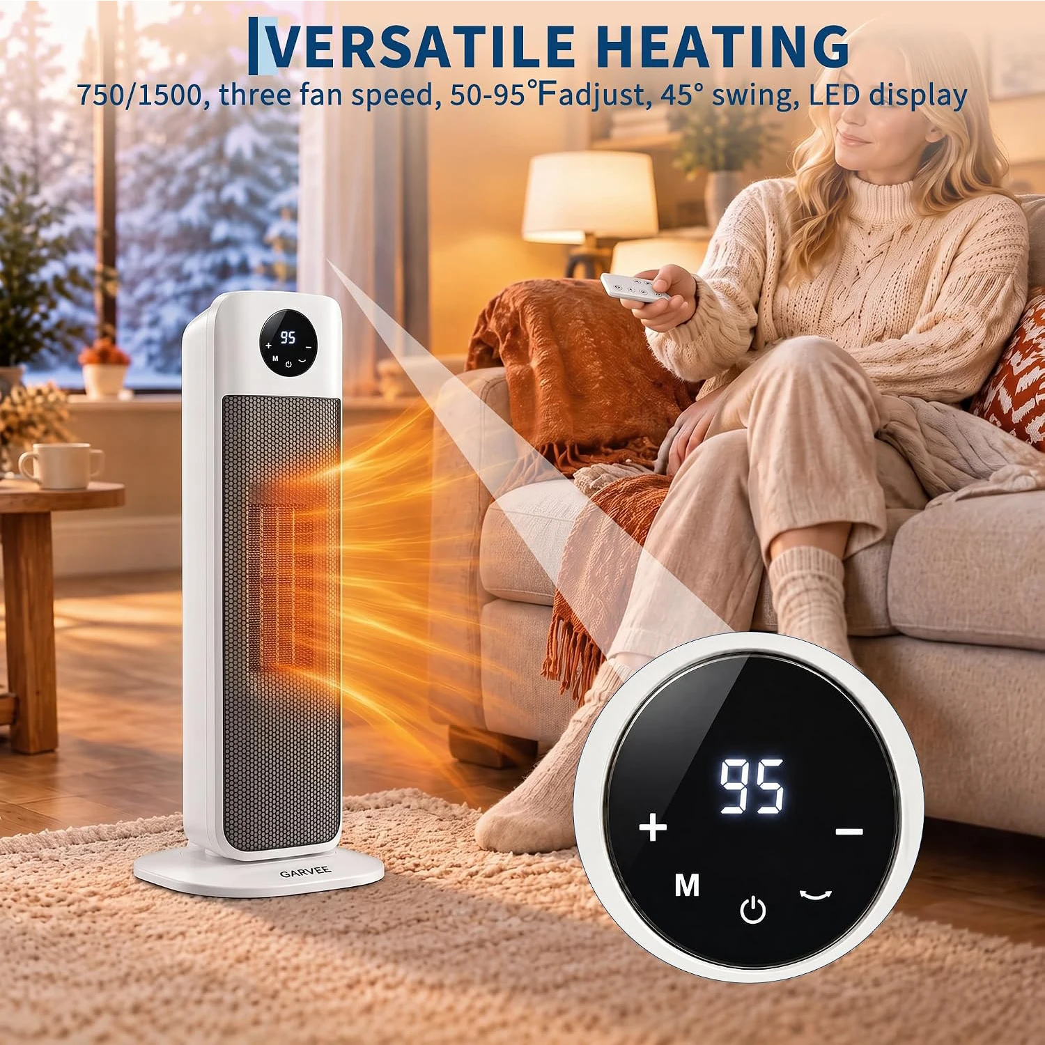1500W Portable Oscillating Space Heater with 2 Heat Settings 45 Degree Oscillation Touch Panel Remote Control 24 Hour Timer Overheat and Tip Over Protection for Indoor Bedroom Home Office and Dorm