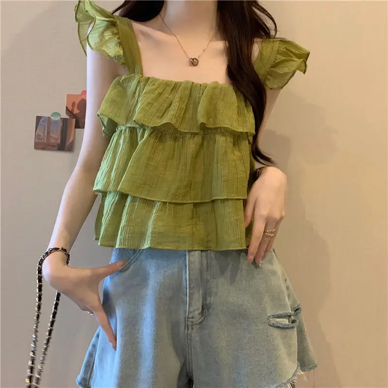 Summer New French Style Stunning Unique Shirt Small Fly Sleeves Suspender Chiffon Shirt Ruffle Edge Short Top Women's Clothing