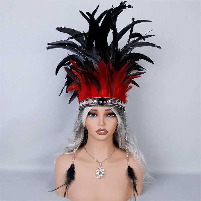 

Vintage Inspired Halloween Headband with Feathers Rhinestones Beaded Tassels Adjustable Costume Accessory Carnival Party