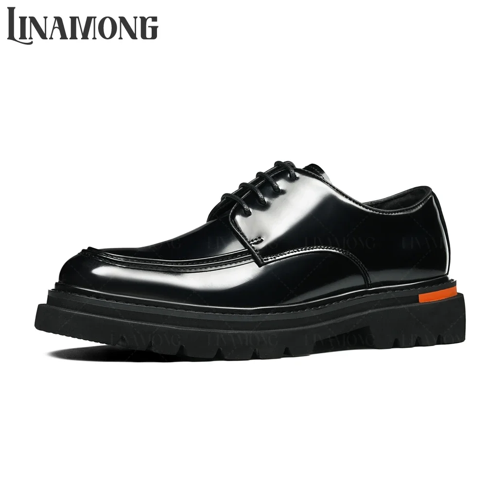 

Мужские деловые туфли из натуральной кожи черного цвета, на толстой подошве, ручной работы, дизайнерский стиль, с круглым носком, на шнуровке, модель дерби.