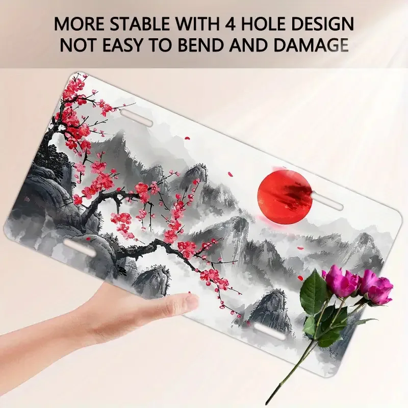 Waterproof Aluminum License Plate - Japanese-Inspired Ink Wash Cherry Blossom & Mountain Design, 6x12 Inch Fit Front/Rear Car Pl