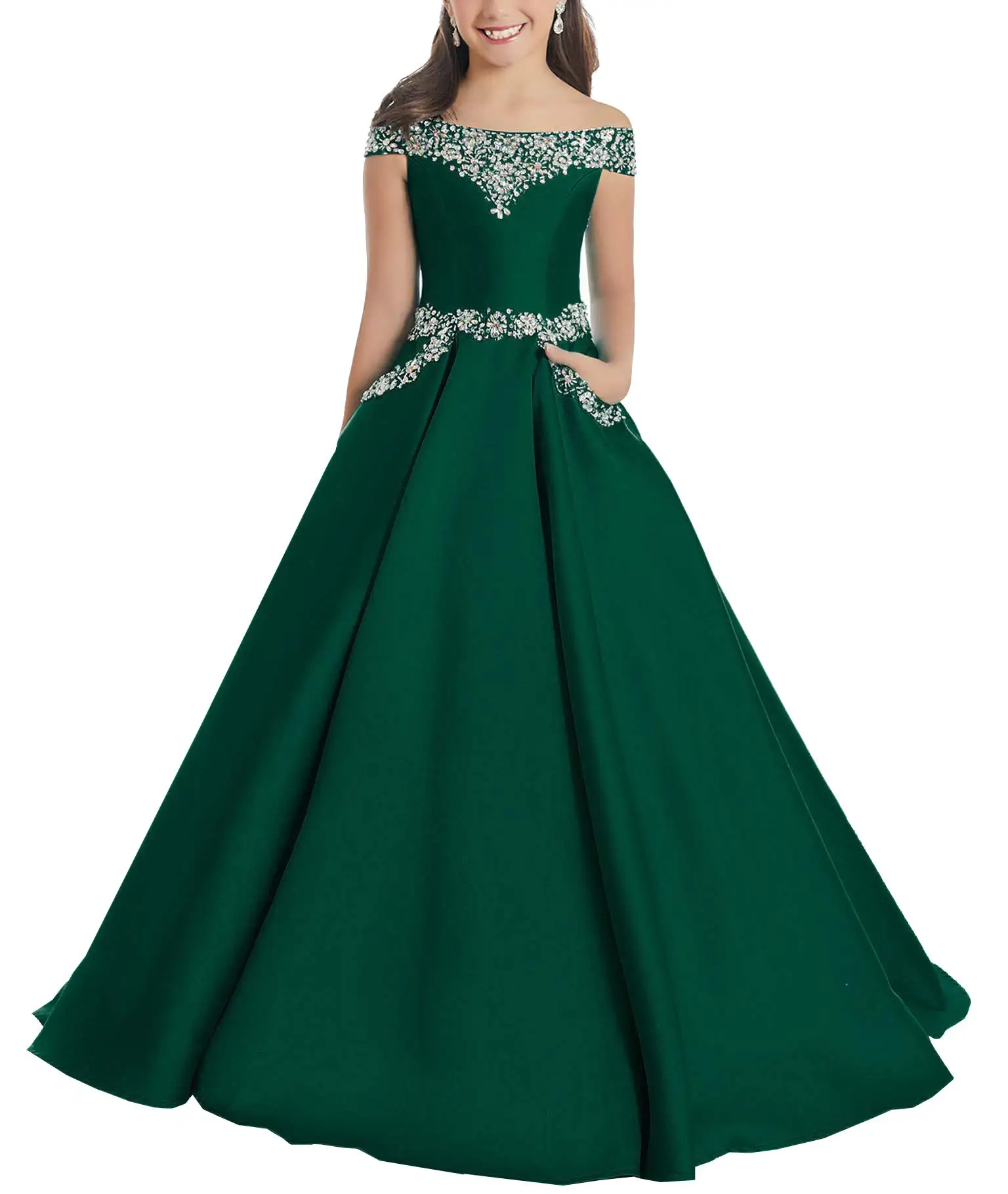 Emerald Green Pageant Dresses Pockets Off Shoulder Flower Girl Dress For Wedding Toddlers Beaded Sequin Birthday Party Ball Gown