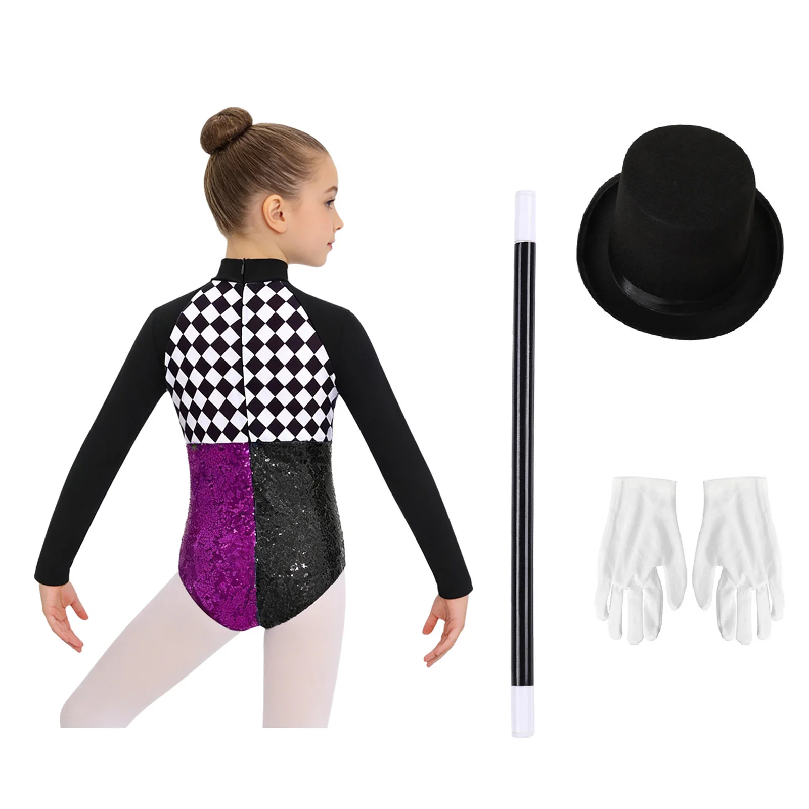 Kids Girls Circus Magician Mad Hat Costume Checkerboard Bow Tie Sequin Bodysuit with Top Hat Gloves for Halloween Carnival Party