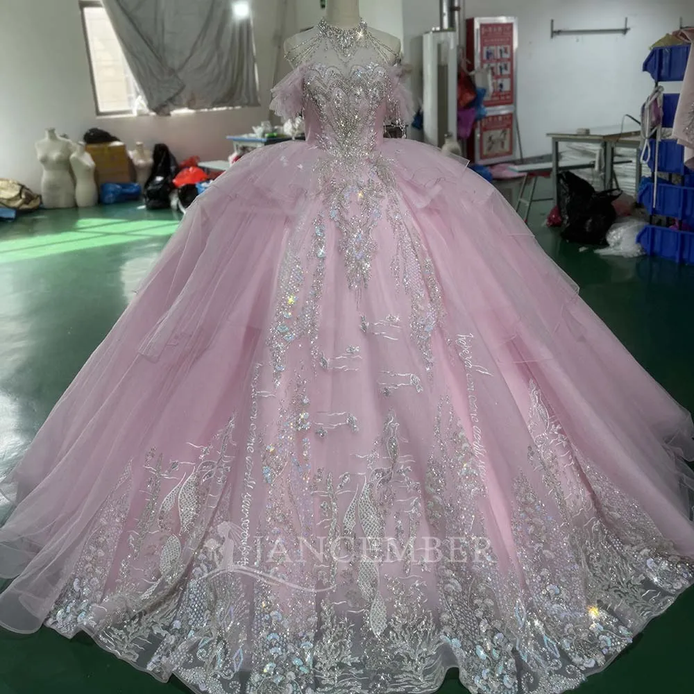

Special Pink Halter Quinceanera Dress Sequin Off The Shoulder Sweep Train Ball Gown Tulle Princess Prom Dress Customized