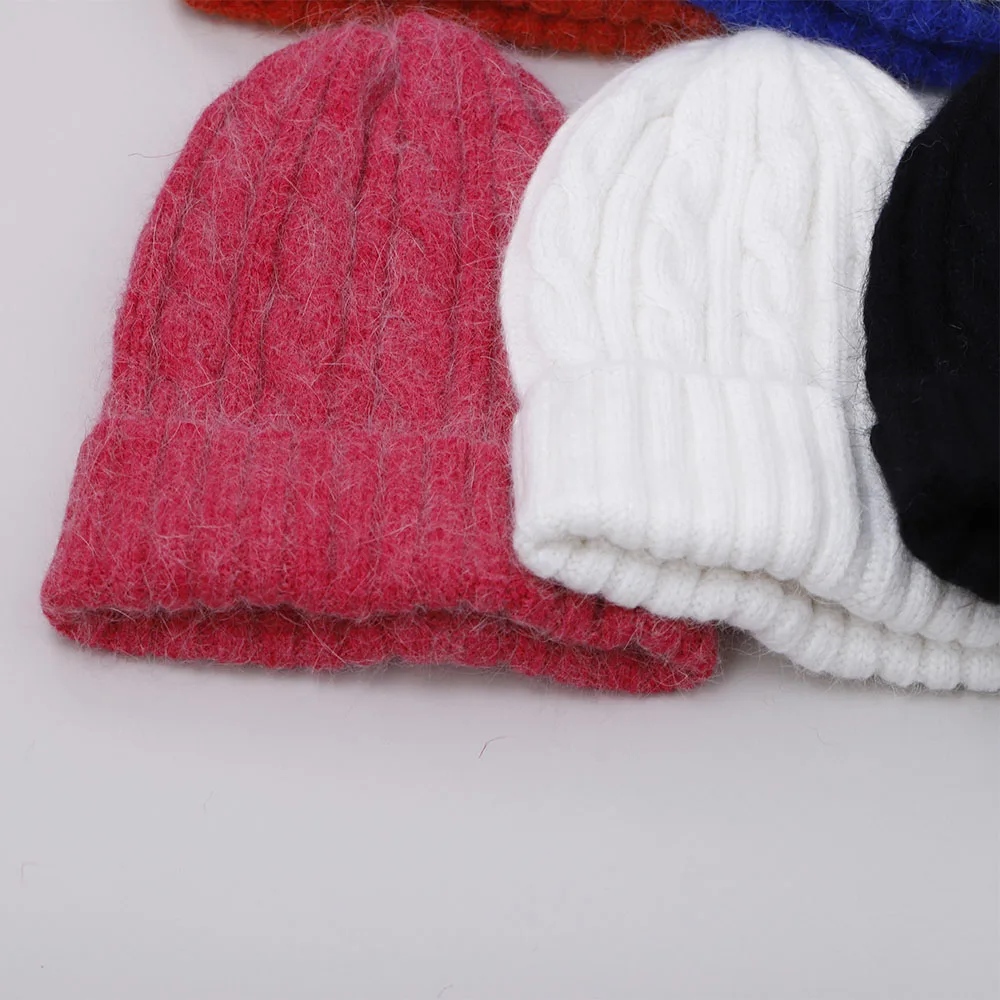 Female Cashmere Blend Winter Hat Long Fur Warm Soft Wool Knitted Hats Women Skullies Beanies Wholesale