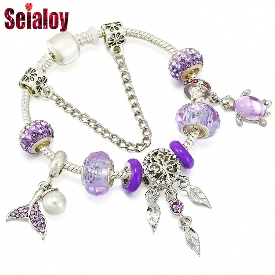 Seialoy Purple Crystal Beaded Fishtail And Dream Catcher Charm Bracelets For Women Diy Tortoise Pendant Bangles Jewelry Gifts