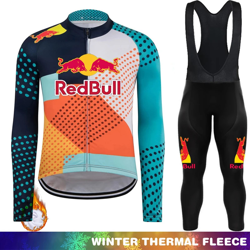 

Thermal Jersey Cycling Men's Clothing Red Bull Winter Fleece Mountain Bikes Man Long Sleeve Set Bib Jumper Road Bicycle Suit Mtb
