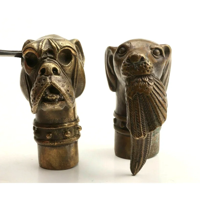 2 Bronze Statue Dogs Dog Preying Bird Cane Walking Stick Head Handle Accessories