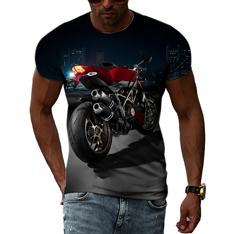 Camiseta con estampado de motocicleta para hombre, camisa informal de manga corta con cuello redondo y personalidad, de gran tamaño, a la moda,