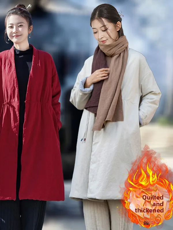 

Ретро-кардиган в китайском стиле из утолщенного хлопка и льна с V-образным вырезом на пуговицах, универсальный, стройнящий, для повседневной носки женщинами