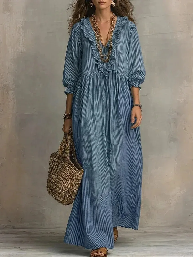 2026 New Spring Summer Long Dress Elegant Striped Ruffled Loose High-Waisted V-Neck Fashion Casual Dress Large Size Beach Robe