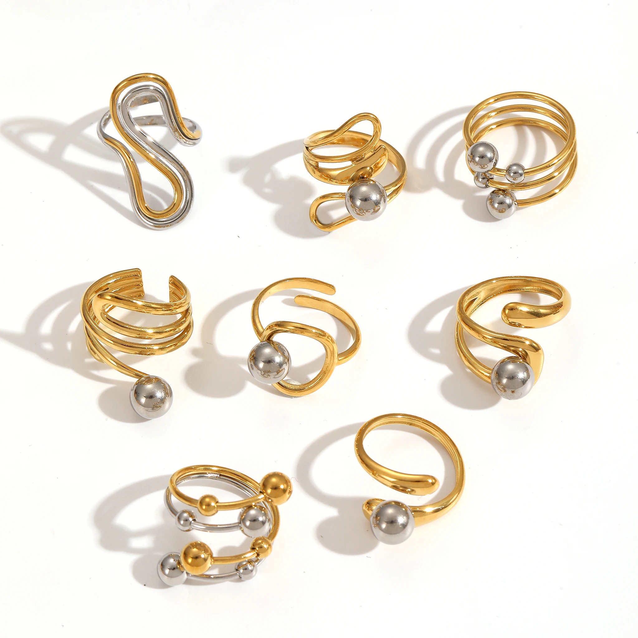 

Stainless Steel 18K Gold Plated Mixed Color Beads Ball Adjustable Open Ring Fashion Charm Finger Jewelry
