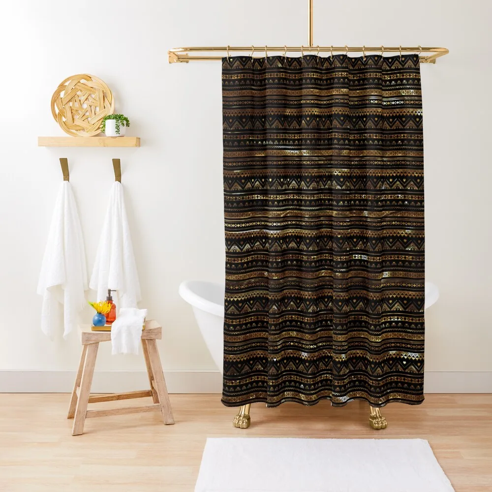 Aztec Black Tinsel Gold Shower Curtain Waterproof Shower And Anti-Mold Window Anti-Mold Waterproof Shower Curtain