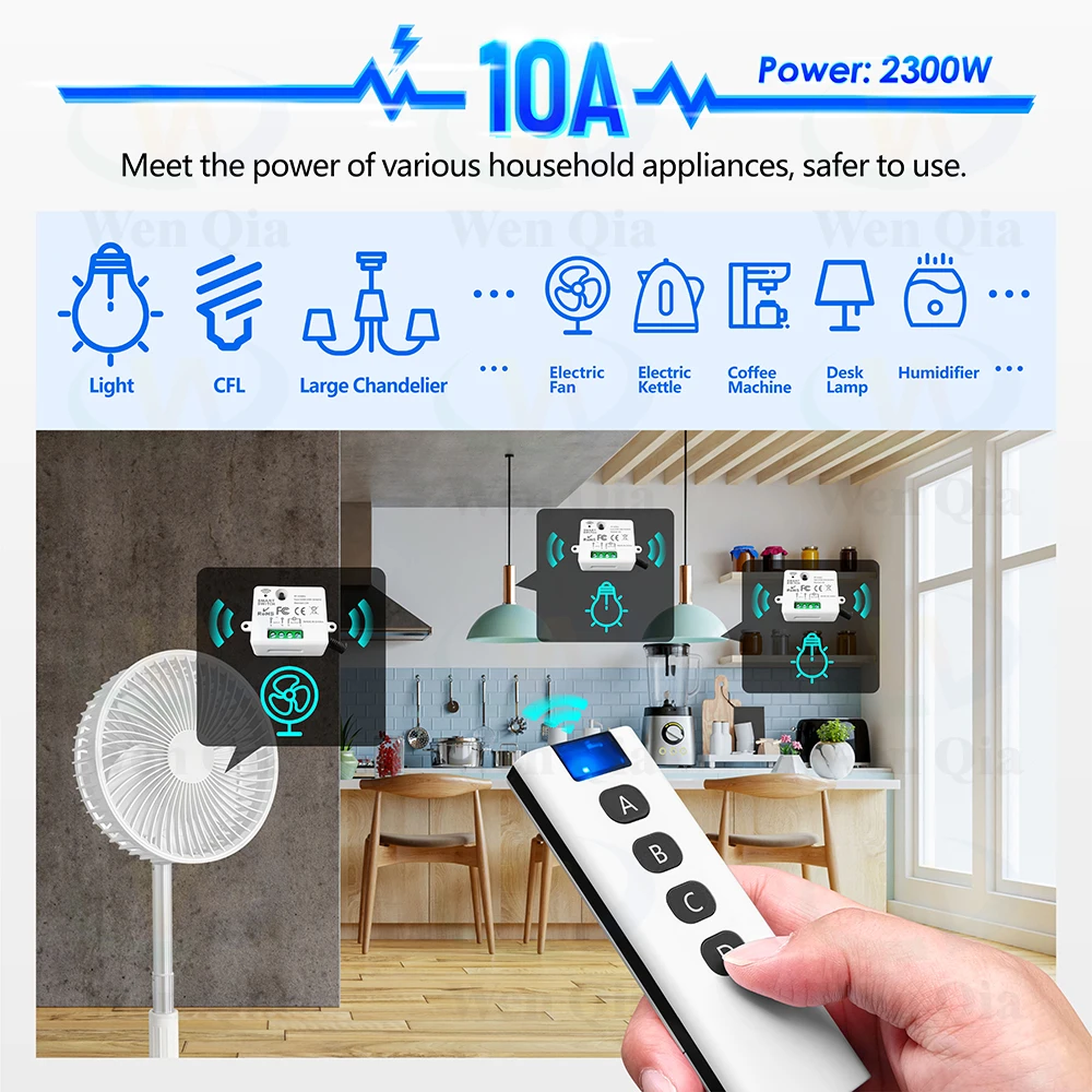 433MHz 110V 220V  Wireless Remote Control Light Switch,50m Control Range Transmitter,10A RF Mini Relay Module,for LED Fan ON OFF