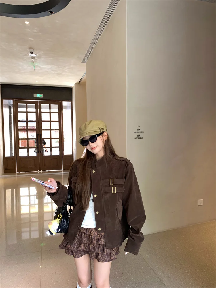 

Ретро-куртка из замши женская, с длинным рукавом, повседневная, свободного кроя, зимнее пальто на пуговицах, кардиган прямого силуэта, цельная модель