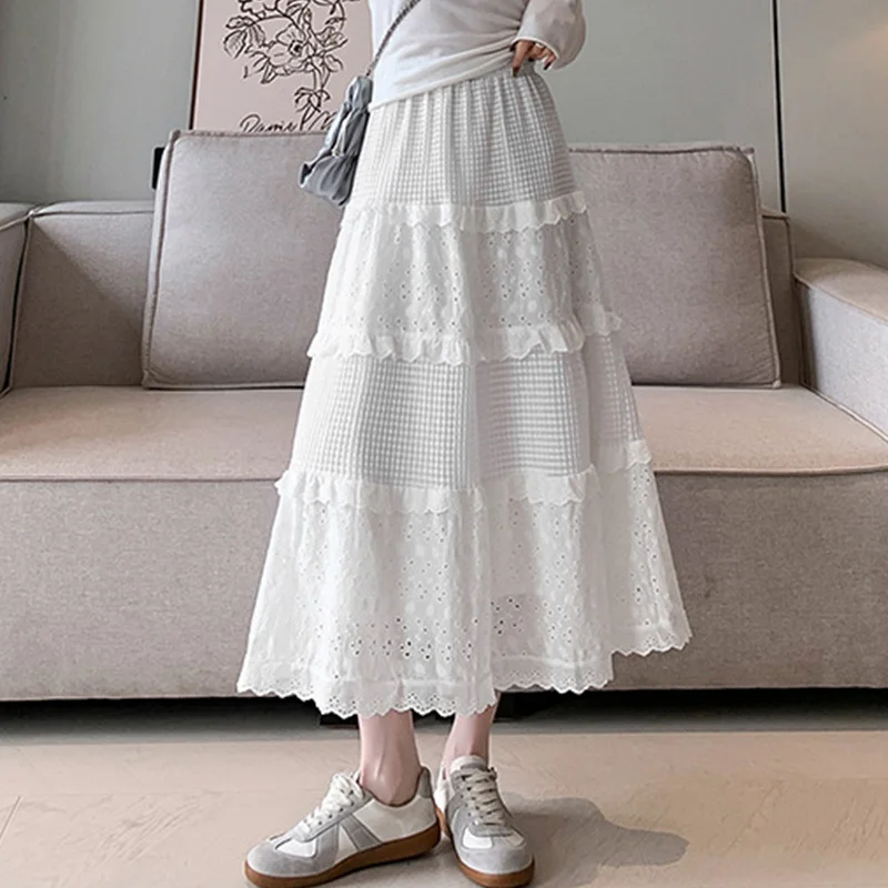 2023 neue Spitze Gefaltete Röcke für Frauen Frühling Herbst Weiß Hohl Hohe Taille Röcke Frau Elastische Taille A-linie Rock Mujer