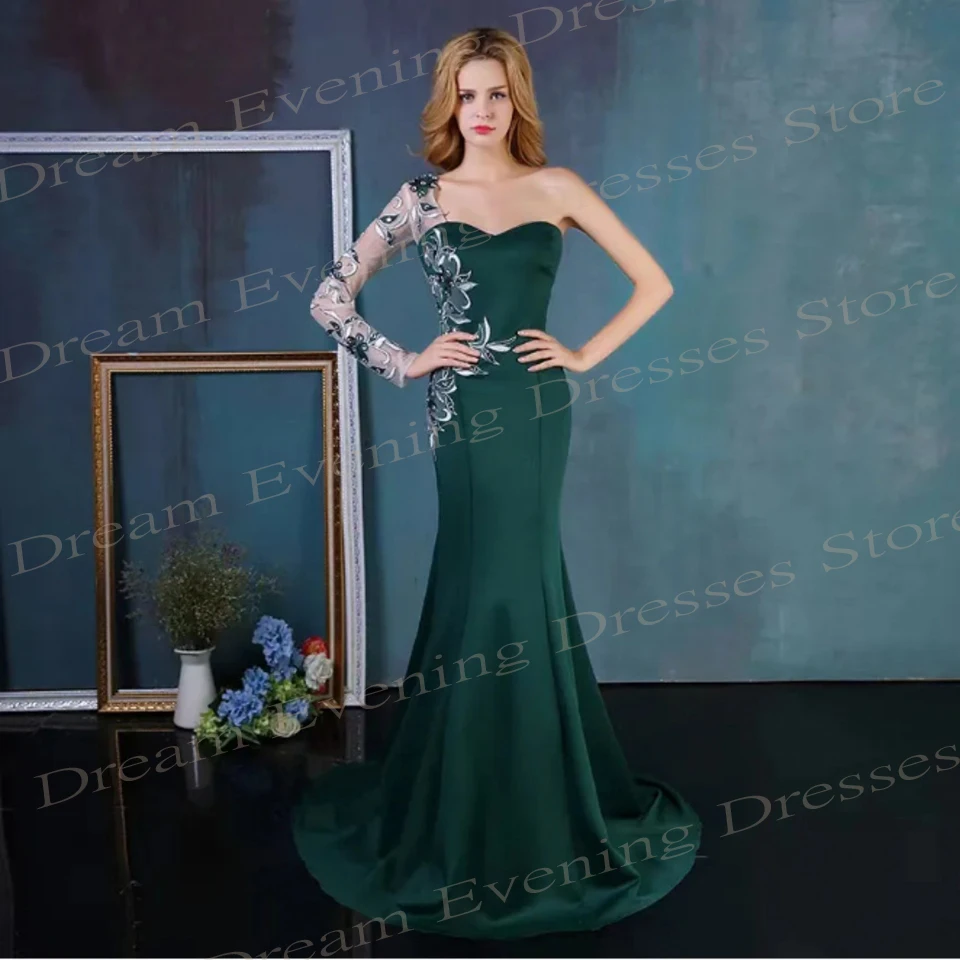 Prachtige Moderne Groene Dames Zeemeermin Sexy Avondjurken Een Schouder Appliqueert Promjurken Formele Vestidos De Noite