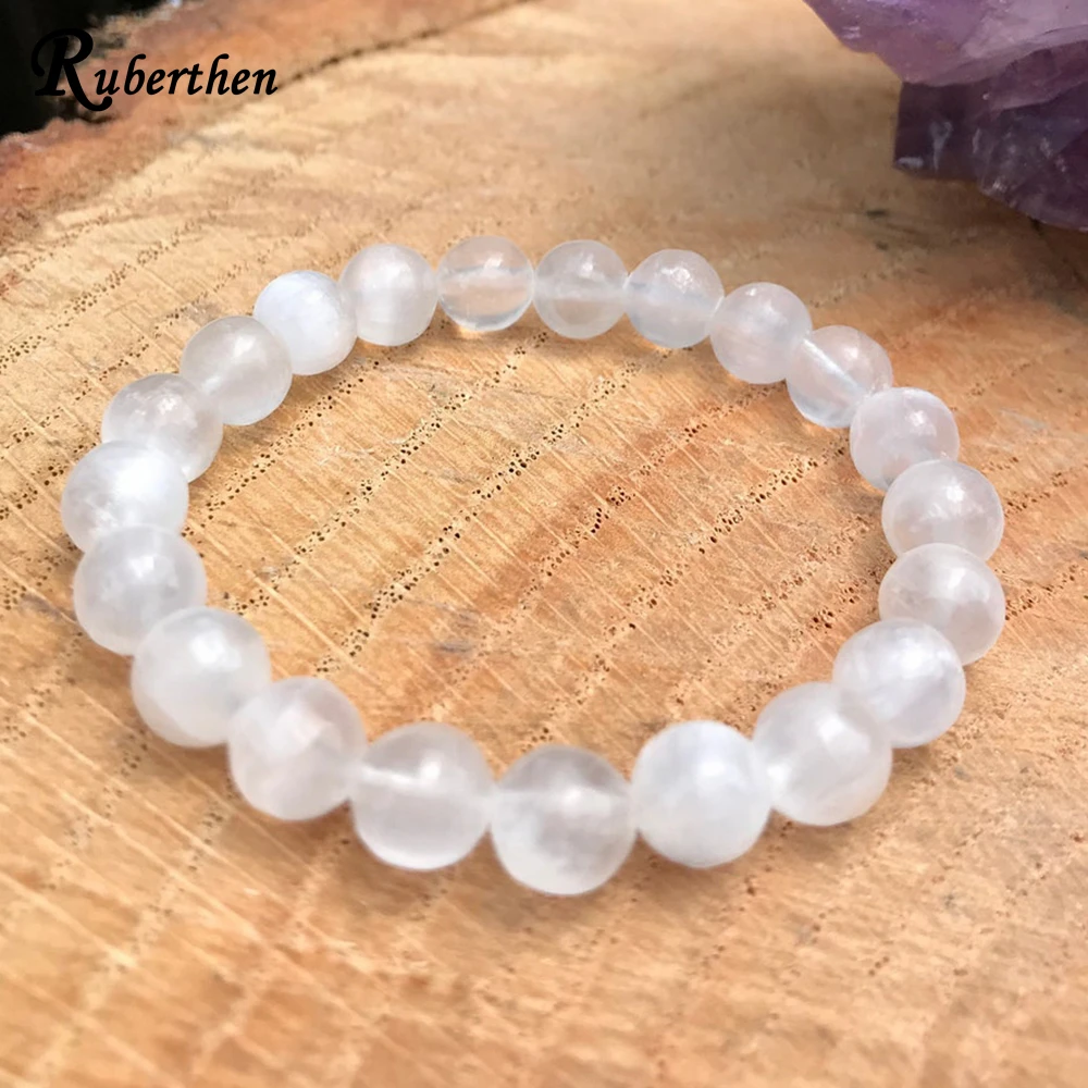 Ruberthen Natural 8 MM Tanzania AAA Selenite Bracelet White Light Clarity Selenite Beaded Wrist Mala Spirituality Chakra Healing