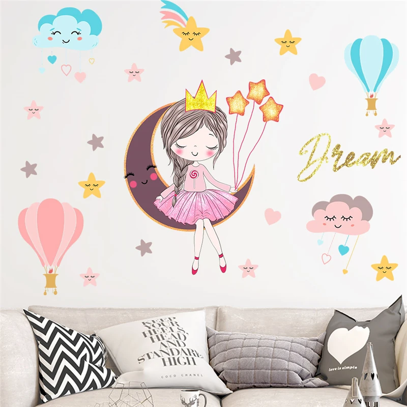 Cartoon Girl With Star Moon Cloud Balloon Wall Stickers For Kids Bedroom Decor Animal Mural Art Diy Home Decal Pvc Poster