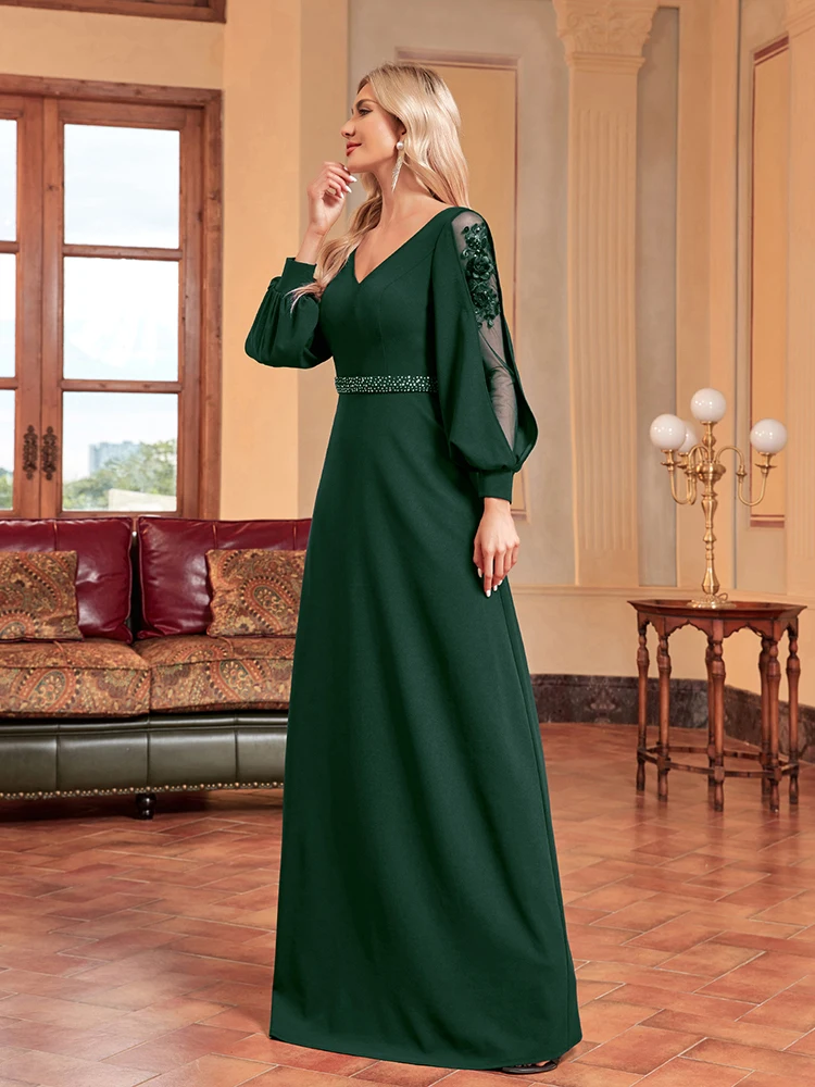 XUIBOL-Robe de Soirée Élégante à Manches sulfet Col en V pour Femme, Tenue Formelle Verte de Luxe avec Appliques, Longueur au Sol, Idéale pour