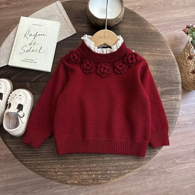 Girls Autumn Winter Sweater New Fashion Kids Red Knitted Top Thickened Thermal Base Layer Shirt Baby Clothing