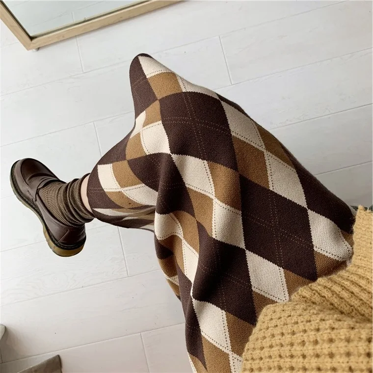 

Knitted Plaid Skirt For Women Early Autumn New Small Minority Wool Skirt College Wind Long High Waist Straight Tube Wrap Hip