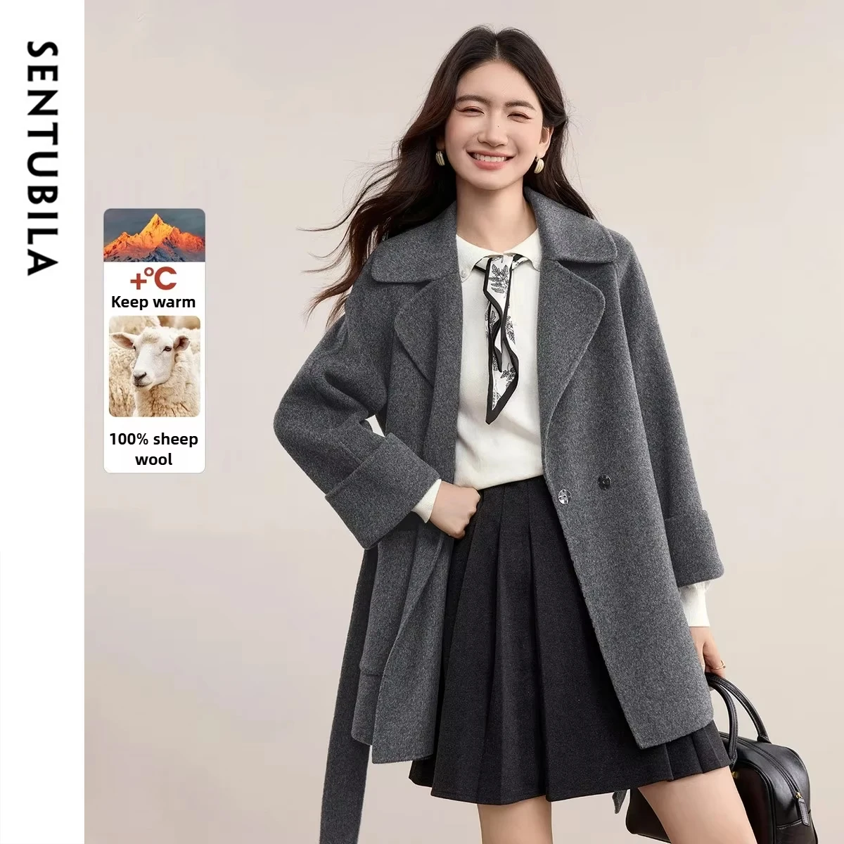 

SENTUBILA Women's 100% Wool Double Faced Coat 2025 Winter Removable Belt Straight Loose Versatile Elegant Overcoat W54OA3299X