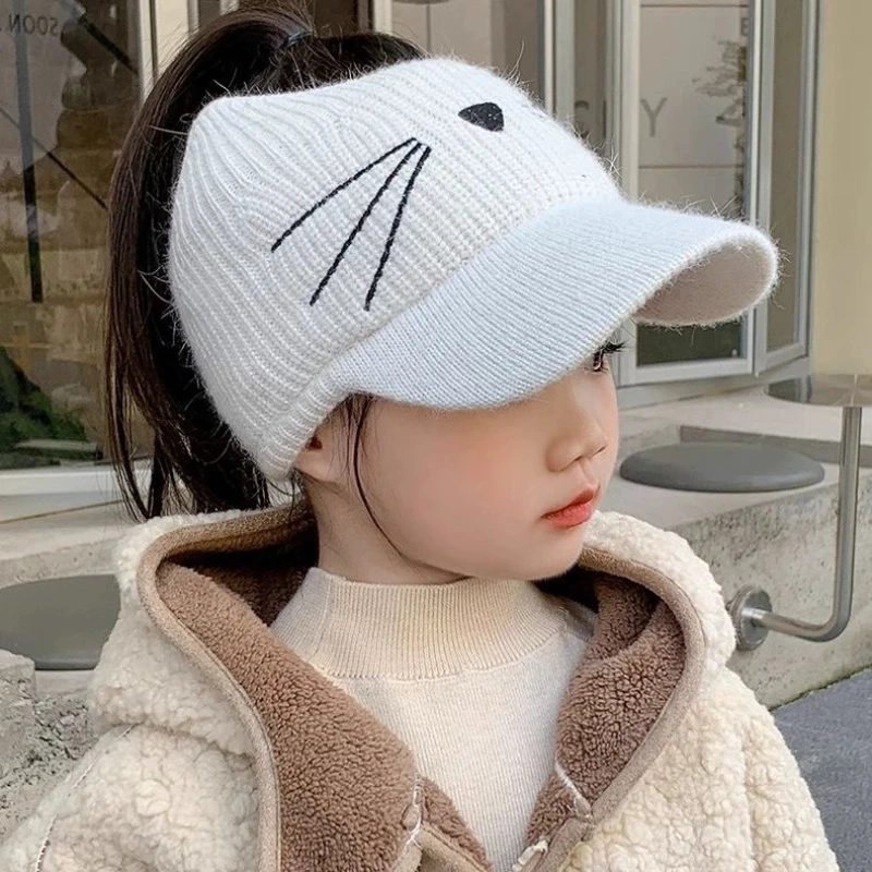 Kids Girls Woolen Hats Baby Girls Cute Autumn Winter Clothing Knitted Cat Printed Caps Princess Cute Cover Ear Bow Caps