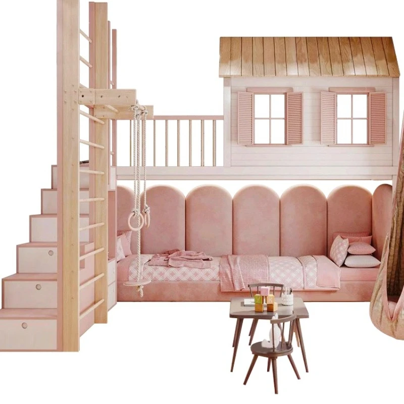 Tempat tidur putri dari kayu solid untuk anak-anak, tempat tidur multifungsi yang dapat diubah menjadi sofa, lucu.