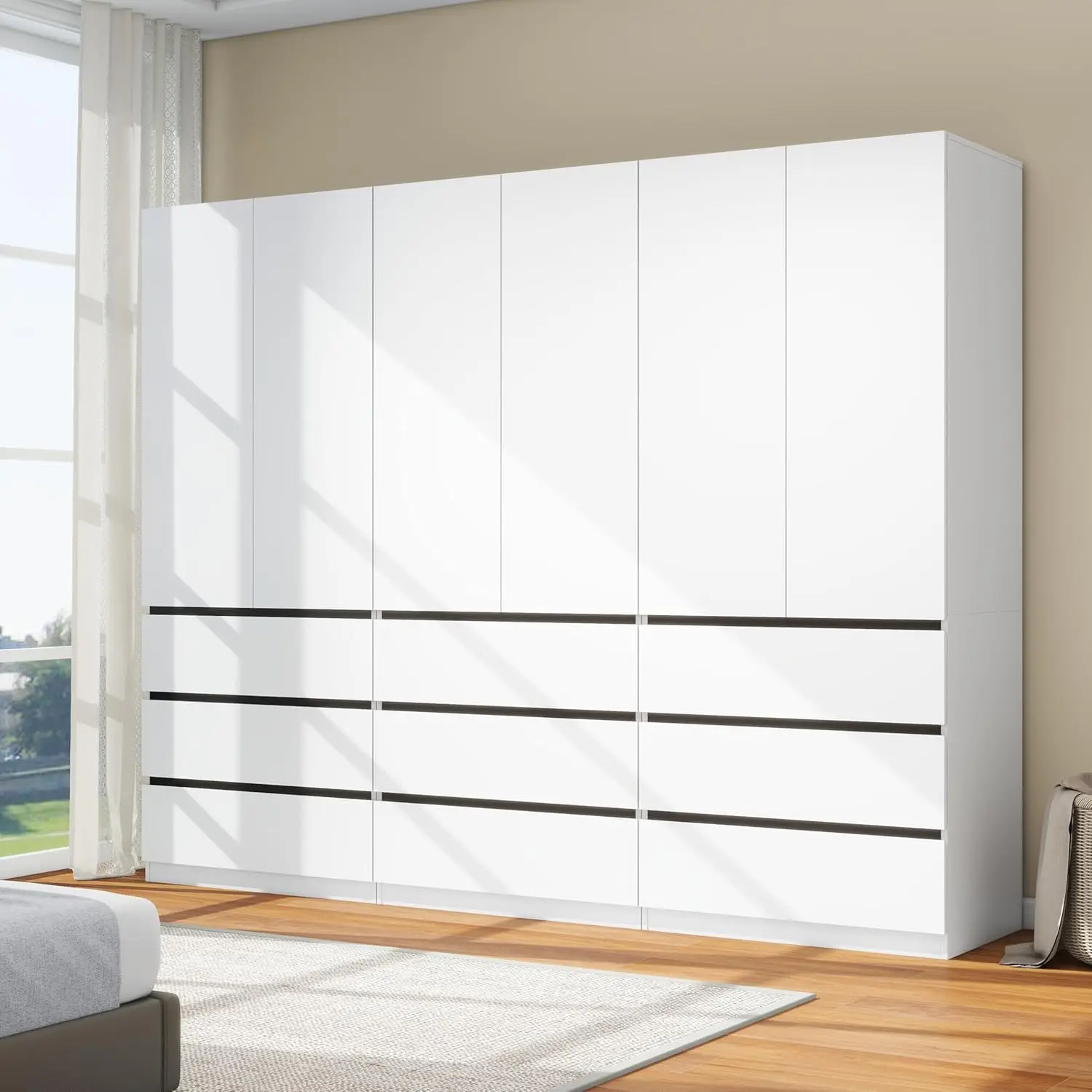 #Bedroom Armoire Wardrobe Closet with 9 Drawers: White Wardrobe Closet with 6 Doors, Modern Cabinet for Clothes with, Customized