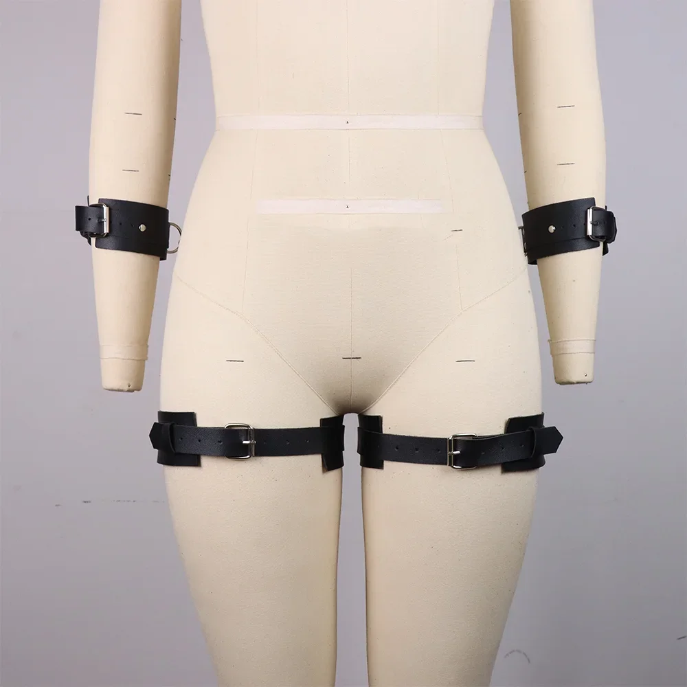 Sexy Bondage Harness Belt Set para mulheres, cinto de perna PU Bondage, punho com cinto de cintura, espartilho cruzado, 1 conjunto