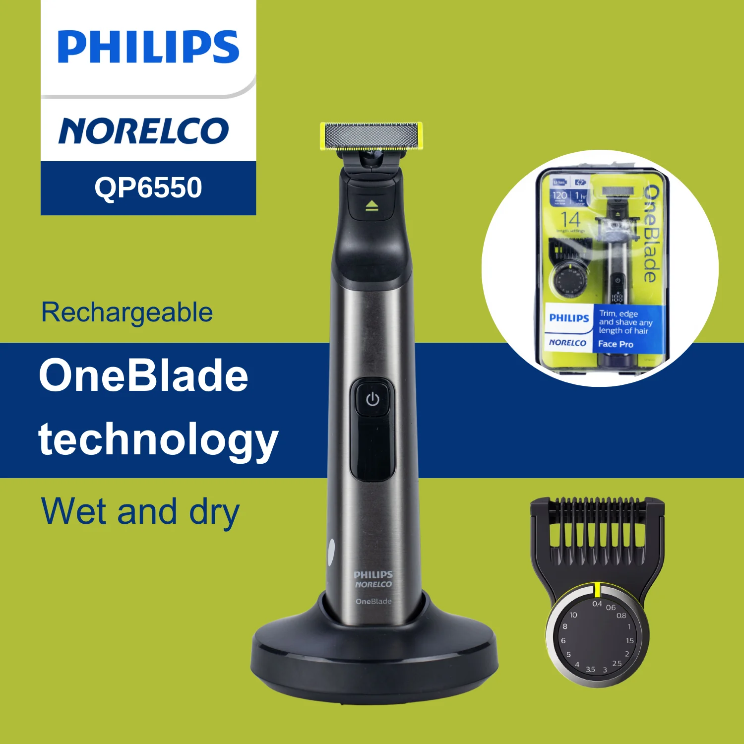 

Philips Norelco OneBlade QP6550, влажная и сухая, методы контурирования, двусторонние лезвия