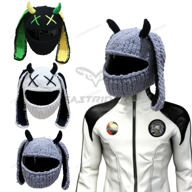 

Motorcycle Helmet Cover Cute Cat Ear Helmet Knitted Cover Handmade Thick Velvet Hat Cover for Women Cosplay Styling