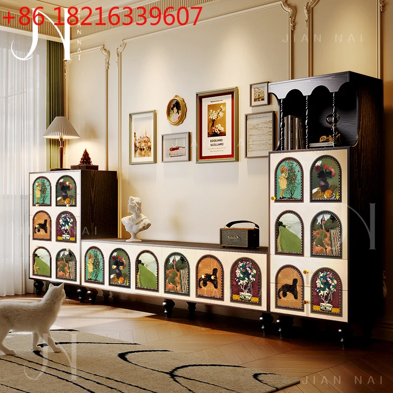 

French vintage TV living room solid wood combination stilt cabinet bedroom bed end storage storage wall drawer