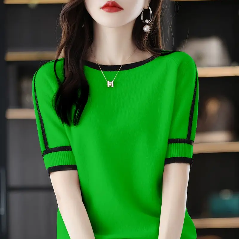 2023 Summer New Knitted Spliced Shirt Women's Fashion O-Neck Loose Korean Casual Pullover Full Set Commuter Top Women Blouses