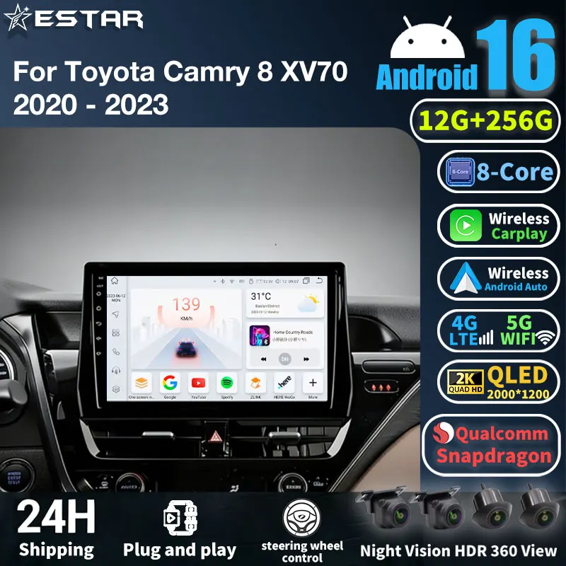 Android 16 Car Radio For Toyota Camry 8 XV70 2020 - 2023 GPS Multimedia Player Navi Head Unit 360 Camera Wireless Carplay Stereo