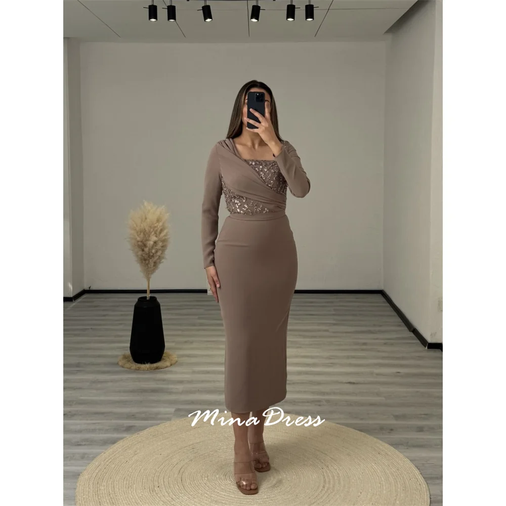 

Mina Customized Beading Arabic Evening Dress Luxury Elegant Party Dresses Woman Long Sleeves Calf Rear Slit Special Occasions