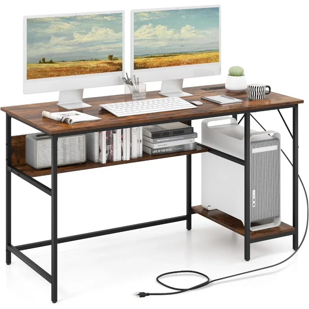 55 Inch Computer Desk with 4 Power Outlets & 2 USB Ports, Home Office Desk with Built in Charging Station with Switch